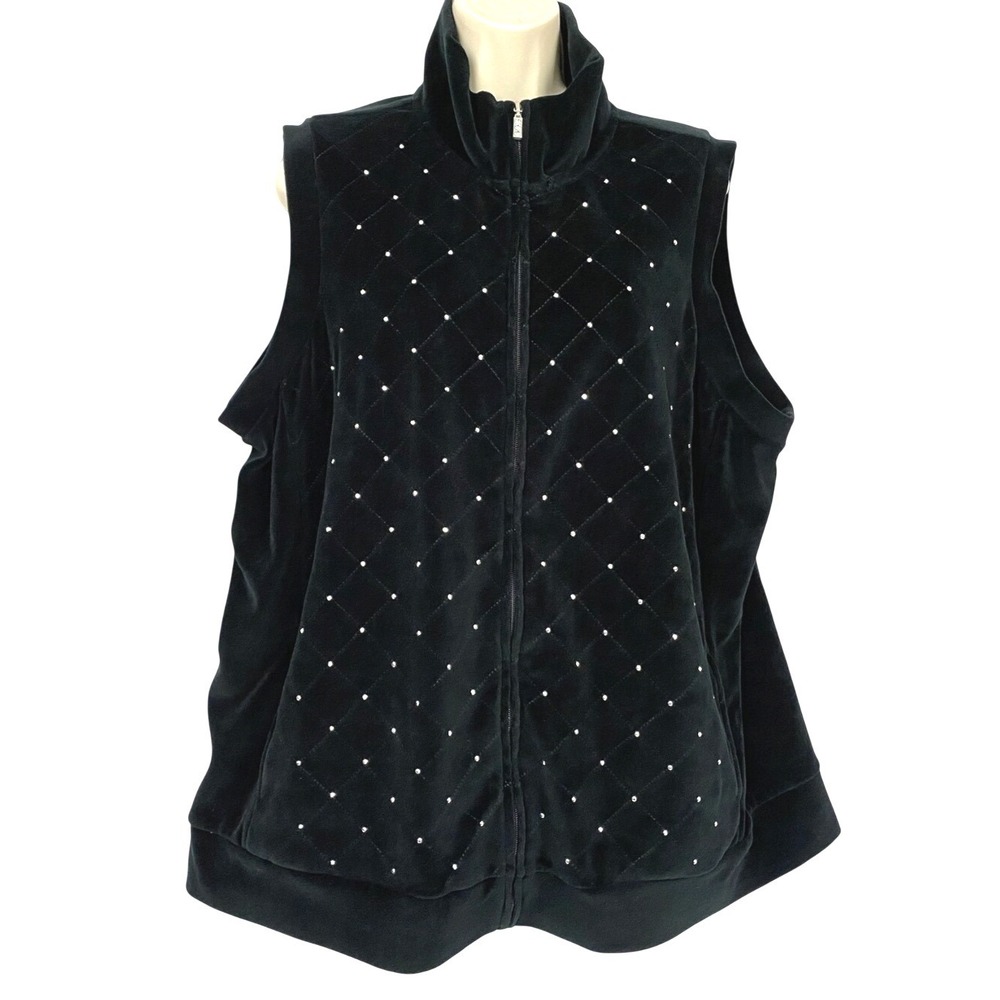 QUACKER FACTORY Black Velvet/Velour Vest SILVER RHINESTONES Quilted Full Zip S